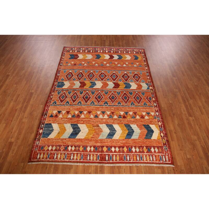 Orange Tribal Geometric Moroccan Rug Hand-Knotted Wool Carpet - 6'7" x 9'6"