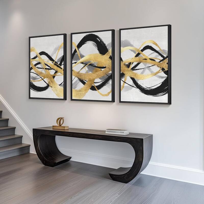 Framed Black White Gold Abstract Canvas Wall Art