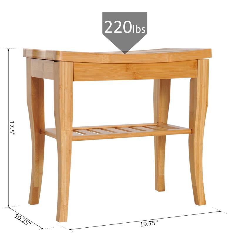 HomCom 20" Long Bamboo Wood Shower Bench Seat With Lower Storage Shelf - 10.25*19.75*17.5
