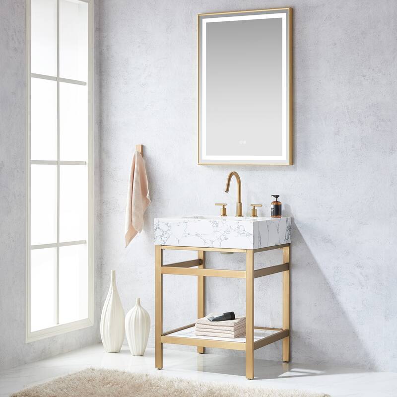 Ecija Bath Vanity, Metal Support with Composite Stone Top and Mirror