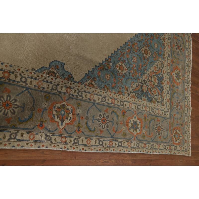 Beige Distressed Tabriz Vintage Persian Rug Handmade Wool Carpet - 9'7" x 12'11"