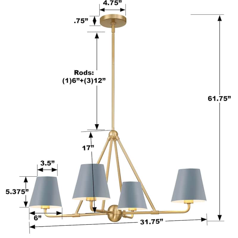 Xavier 4 Light Vibrant Gold and Blue Chandelier - 31.75"W x 17"H x 31.75"D