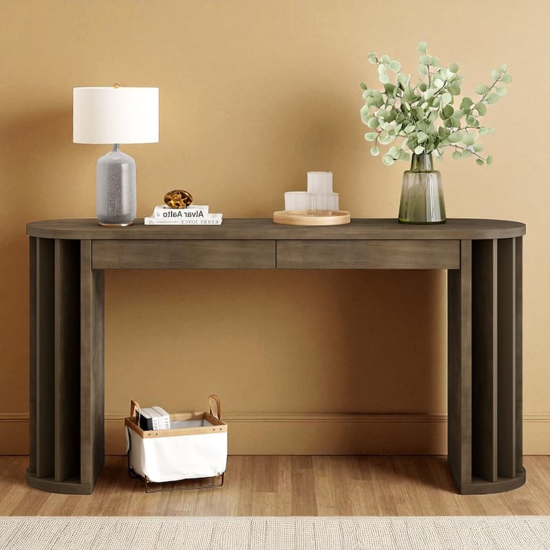 59" Farmhouse Oak Veneer Console Table with 2 Drawers, Curved Legs and Straight Line Design for Entryway or Hallway - Natural