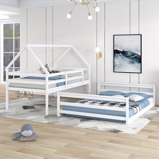 White Solid Wood Floor Bunk Bed with Ladder, Twin Over Full House Low Bunk Bed for Kids, Converts to 2 Separate Beds