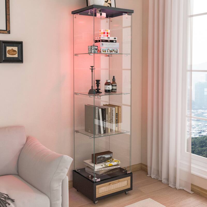 Glass Display Cabinet With Drawer,Cabinet With Led Lights,Tempered Glass Bookshelf, 1-Door Storage Case With 4 Shelves