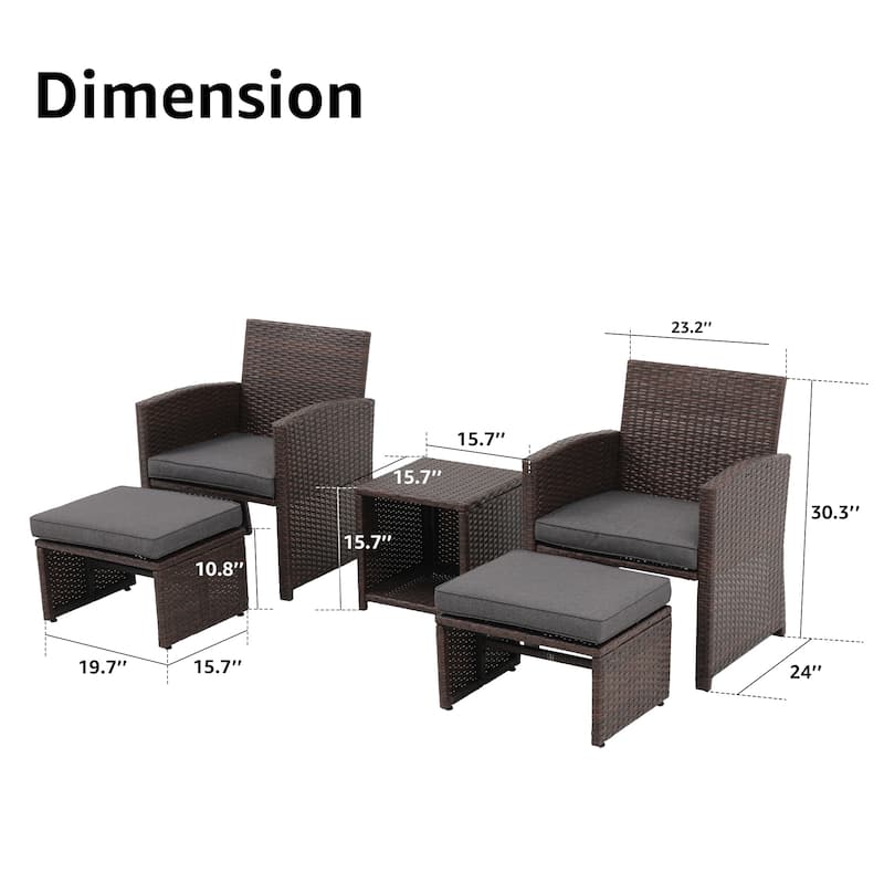 Outdoor 5-piece Brown Rattan Wicker Conversation Set