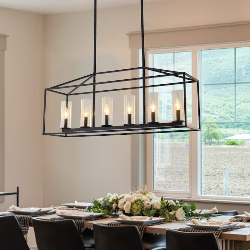 Modern Kitchen Island Chandelier, Farmhouse 6-Light Semi Flush Mount Chandelier for Dining Room Living Room Bedroom - Black