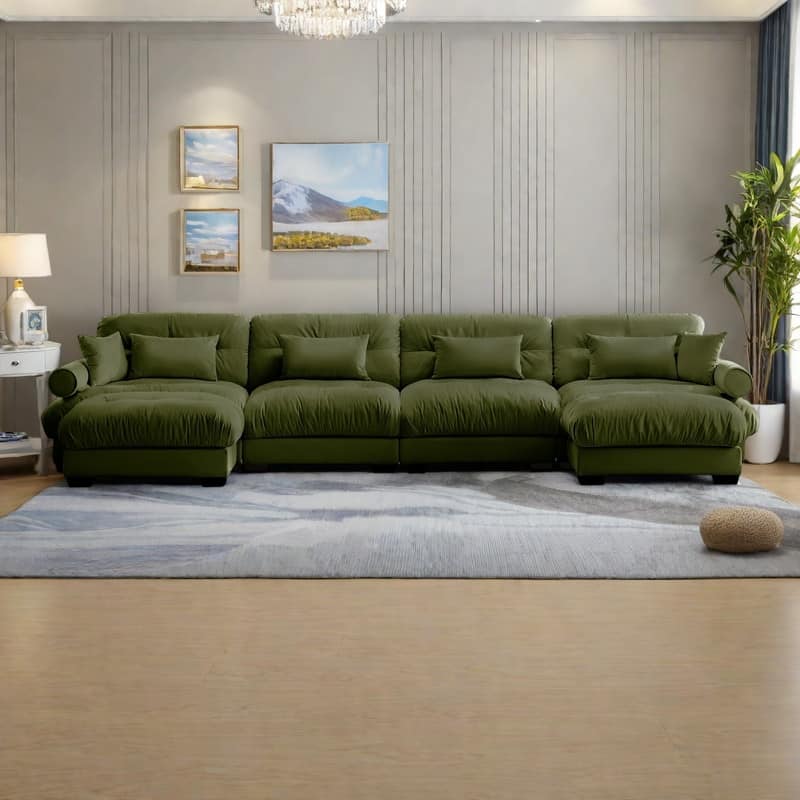 166" 4-Seat Velvet U-Shaped Sectional Cloud Couch with Movable Ottomans, Bolstered Armrests, and Included Pillows - Olive Green