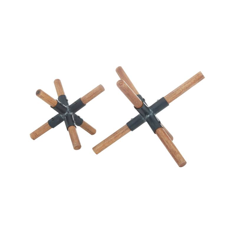 Brown Wood Jack Decorative Sculpture with Black Metal Centers (Set of 2) - 8 x 7 x 6 and 6 x 5 x 4