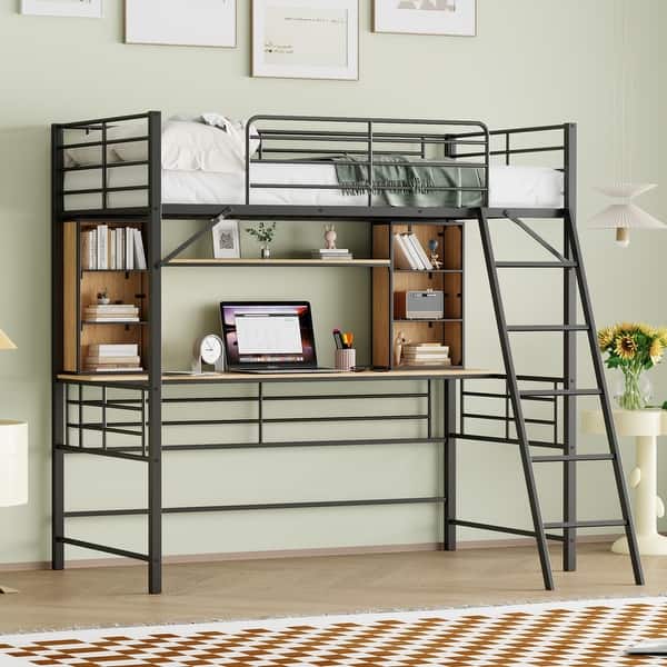 slide 2 of 10, Black Twin Size Metal Loft Bed with Desk, Shelf and Ladder for Kids, Boys and Girls, Bedroom Twin - Black