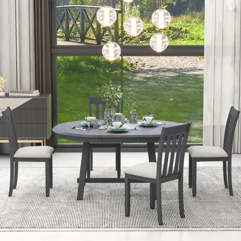 Practical Round Extendable Dining Table with 4 Dining Chairs, 5-Piece Wood Dining Table and Chairs Set for 4