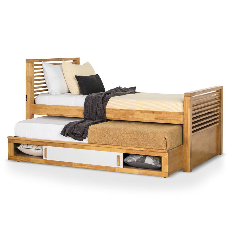 Furniture of America Ogden Modern Light Oak Solid Wood Kids Captain Bed with Trundle and USB Port