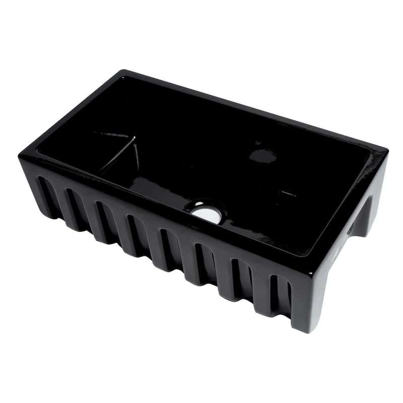 ALFI brand Modern 33" x 18" Reversible Fluted / Smooth Rectangular Fireclay Farm Sink - Black Gloss