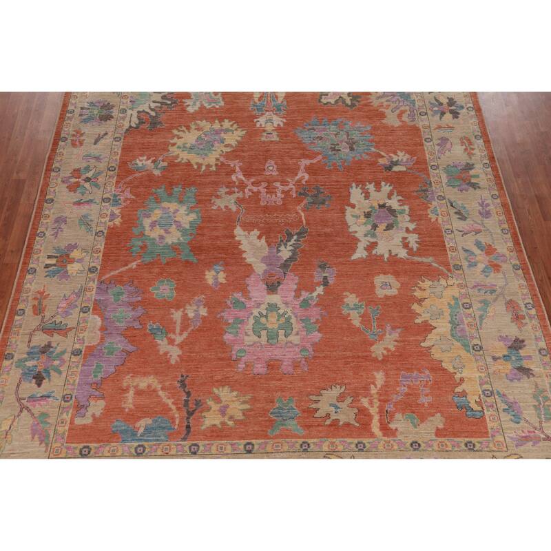 Hand Knotted Oriental 100% Wool Carpet Transitional All-Over Oranges & Rust Oushak Area Rug - 11' 9'' X 9' 4''