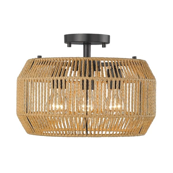 slide 2 of 7, Golden Lighting Marlee 3-light Semi-Flush Mount in Matte Black Matte Black with Natural Raphia Rope