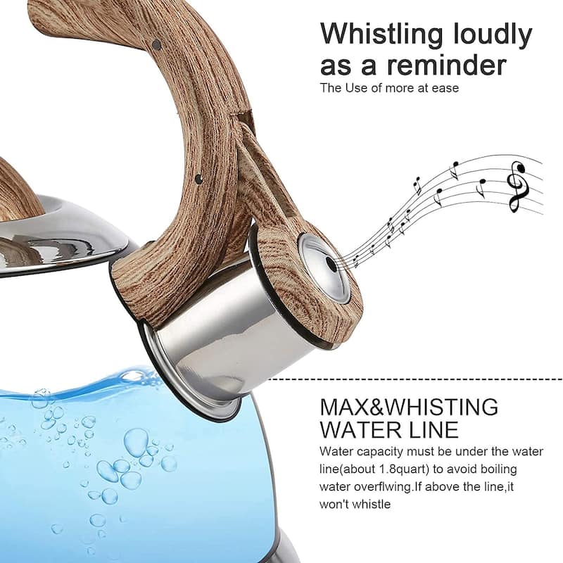 Creative Home 2.3 Qt. Stainless Steel Whistling Tea Kettle with Ergonomic Wood Rubber Touching Handle, Opaque Black with Speckle