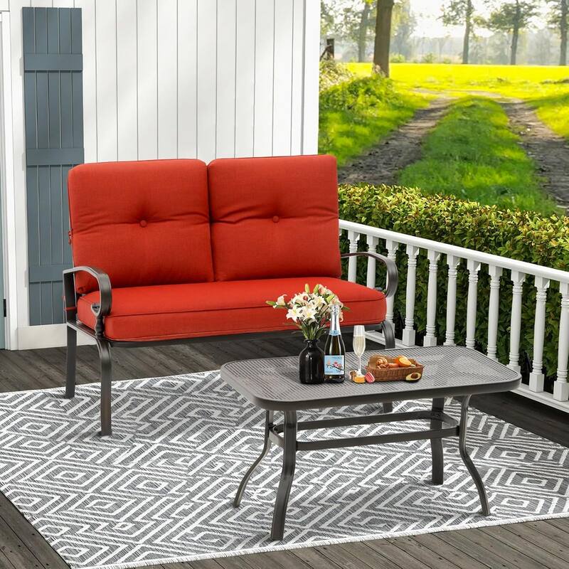 2 Piece Outdoor Patio Garden Bench with Round Coffee Table Set