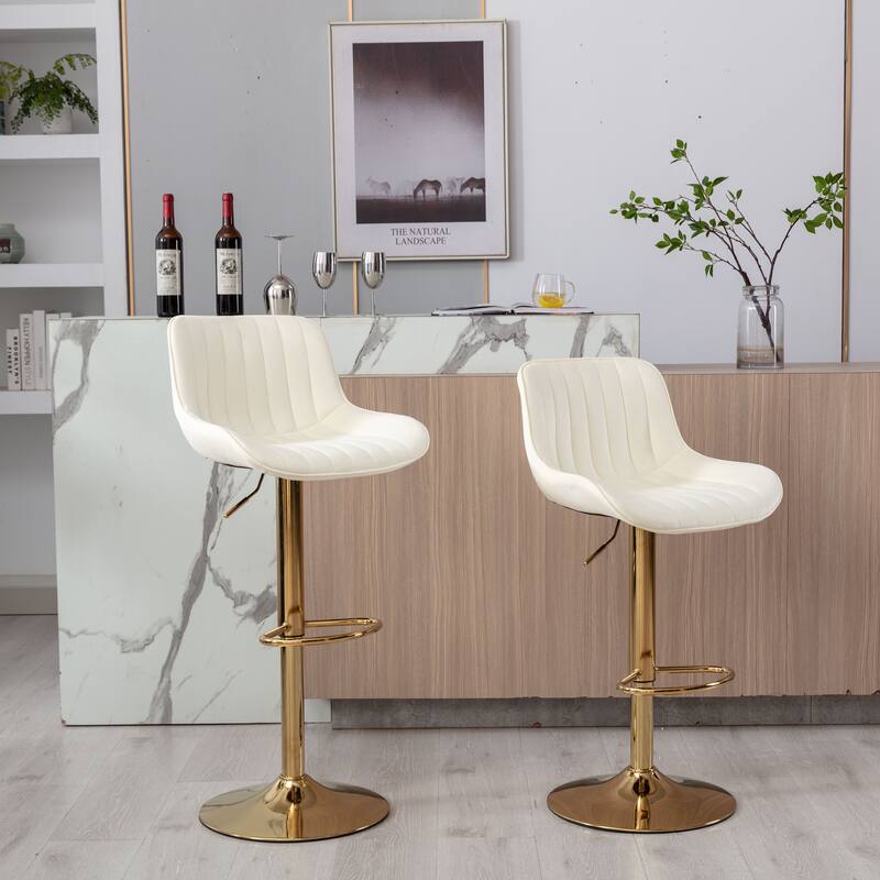 2 Velvet Bar Stools with Chrome Footrest and Base Swivel Height Adjustable - N/A - Ivory