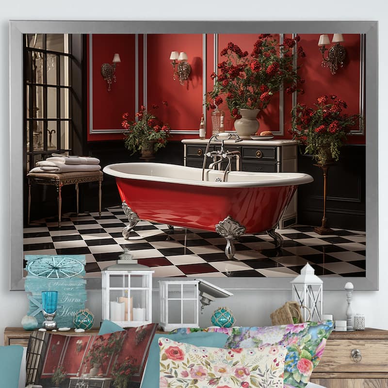 Designart "Red Modern Bathroom Charm IV" Bath & Laundry Framed Wall Art Prints - Silver - 20 in. wide x 12 in. high