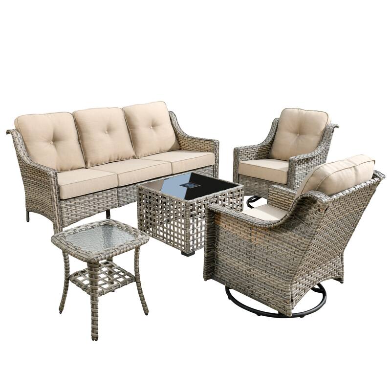 OVIOS 5 Pieces Outdoor Wicker Swivel Chair Set With Solar-Powered Table