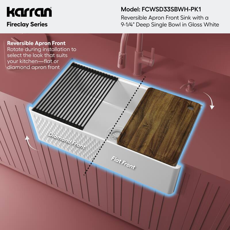 Karran 33" Single Bowl Workstation Fireclay Kitchen Sink with Reversible Diamond/Flat Apron Front