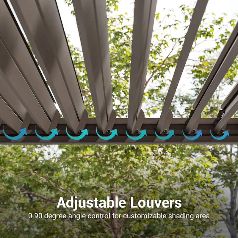 BONOSUKI Outdoor Aluminized Steel LED Louvered Pergola with Adjustable Roof, Brown