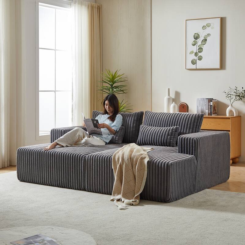 87'' Lounge Chaise Sleeper Sofa - Soft Corduroy Couch with Ottoman Bench and Pillow Support