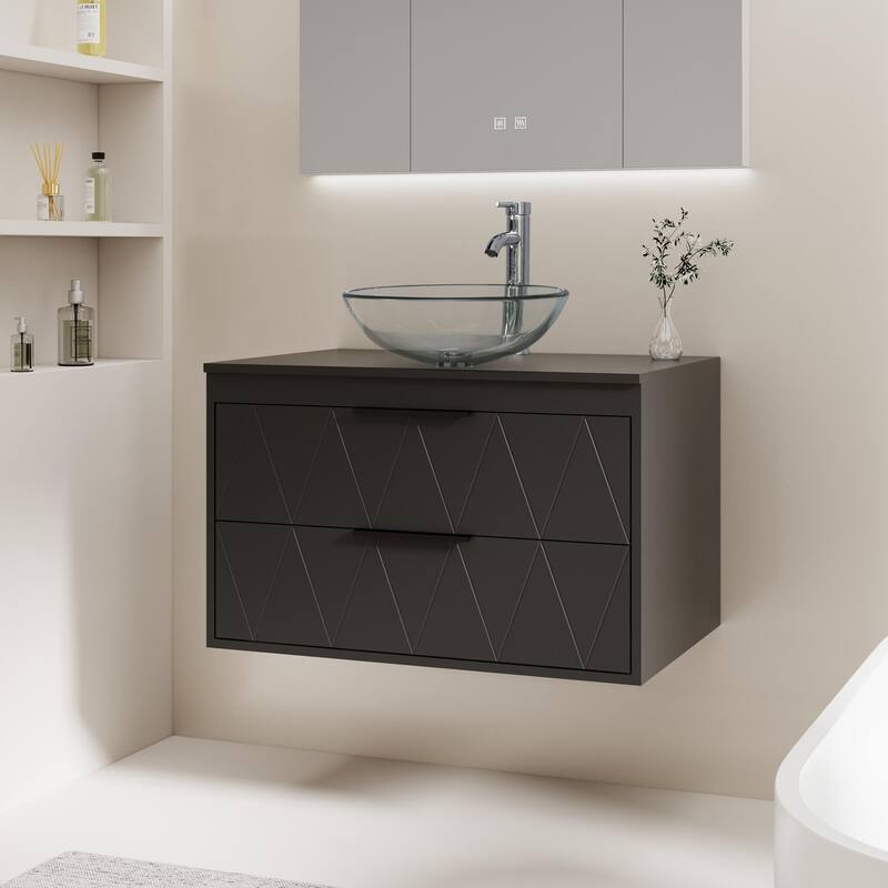 Modern Wall Mounted Bathroom Vanity Set with Vessel Sink & Faucet - black-30 in - 30-2 Glass clear round sink