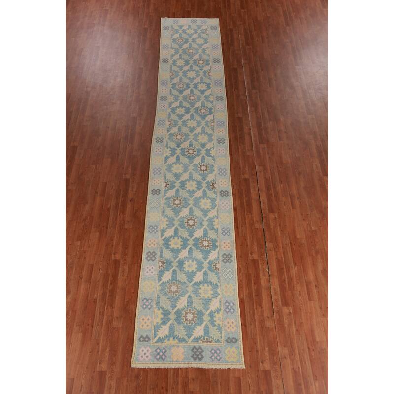 Hand Knotted Oriental 100% Wool Carpet Transitional Floral Navy Blue & Blues Oushak Runner Rug - 17' 2'' X 3' 1''