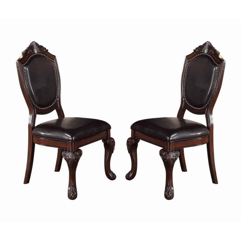 Traditional Rubber Wood Dining Chair With Faux Leather Upholstery , Set Of 2,Brown