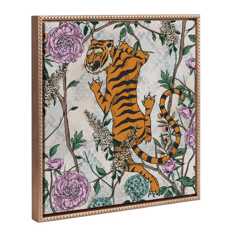 Kate and Laurel Sylvie Beaded Tiger Floral Framed Canvas by Nikki Chu - 22x22