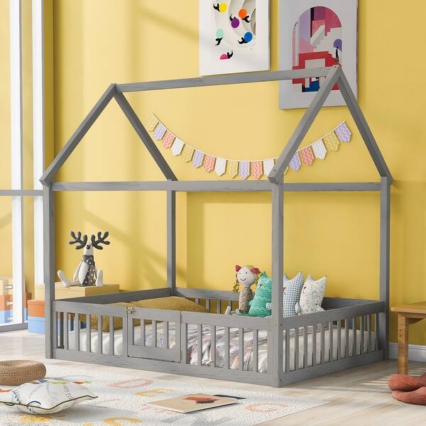 slide 2 of 8, Gray Full Size Pine Wood House Bed with Fence, Door, and Solid Construction