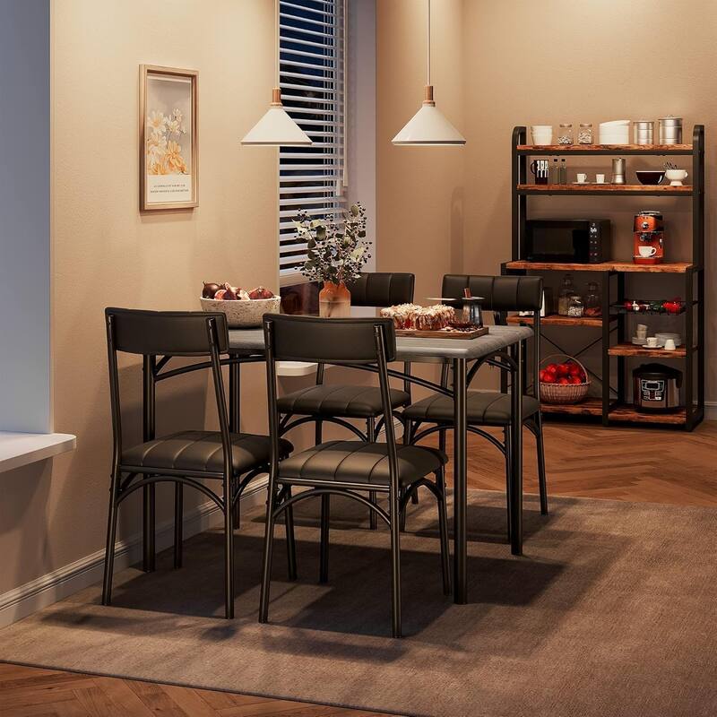 5-Piece Dining Table Set with 4 Upholstered Chairs, Metal and Wood Table for Kitchen or Apartment