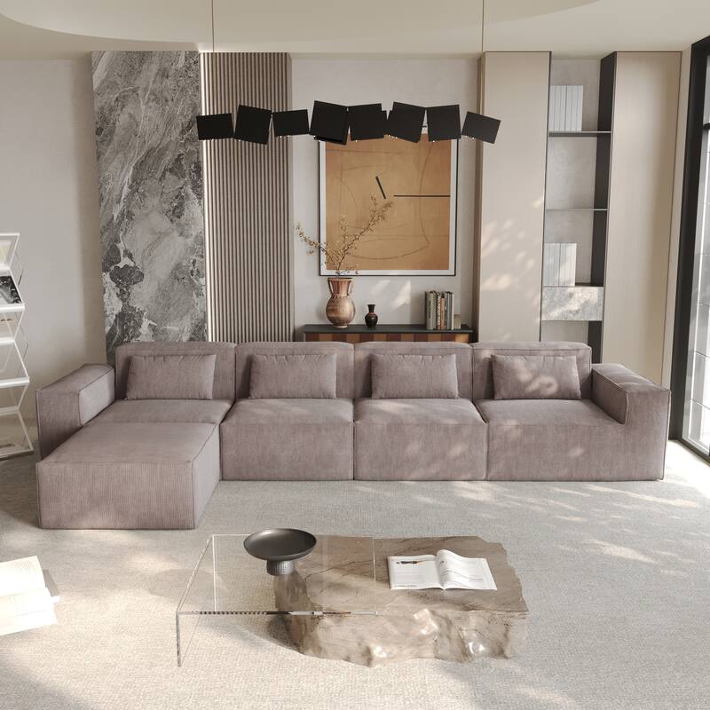 L-shape Corduroy Sectional Sofa with Ottoman, Flexible Combinations 5-Seater Living room Couch