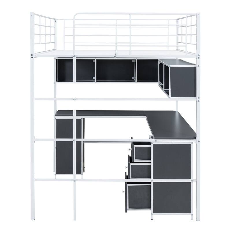 Full Size Metal Loft Bed with Bookcase, Desk and Cabinet