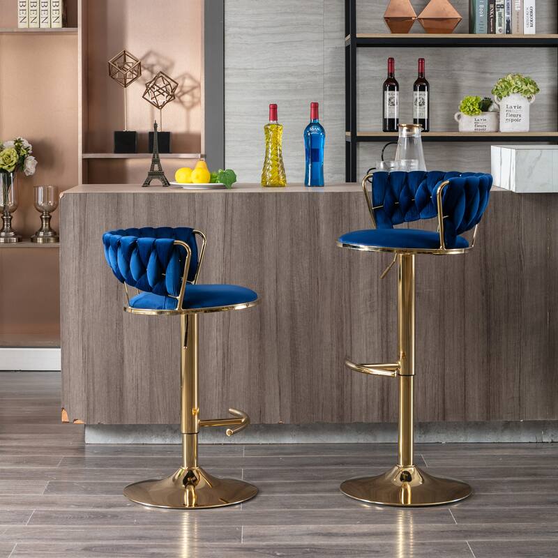 Set of 2 Bar Stools,with Chrome Footrest and Base Swivel Height Adjustable Mechanical Lifting Velvet + Leg Simple Bar Stool - Blue