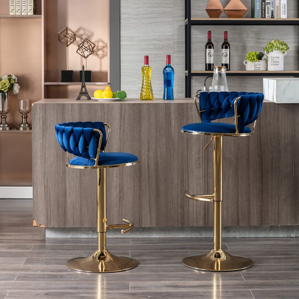 Set of 2 Bar Stools,with Chrome Footrest and Base Swivel Height Adjustable Mechanical Lifting Velvet + Leg Simple Bar Stool