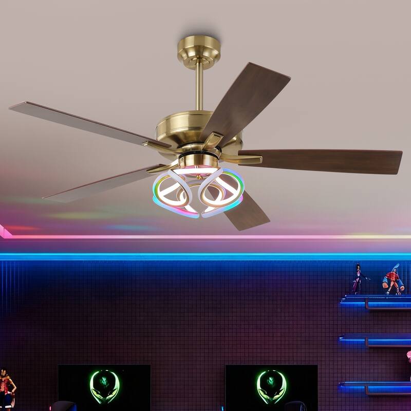 52" Modern Gold Smart Dimmable RGB Ceiling Fan with Light and Remote and App Control