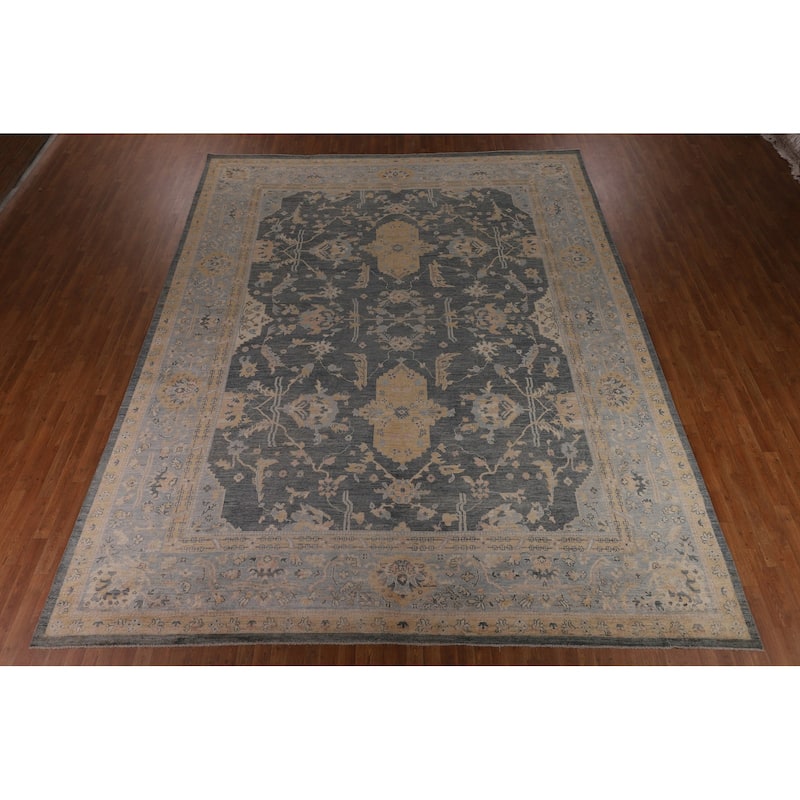 Vegetable Dye Floral Oushak Turkish Large Rug Handmade Wool Carpet - 11'11"x 14'7"