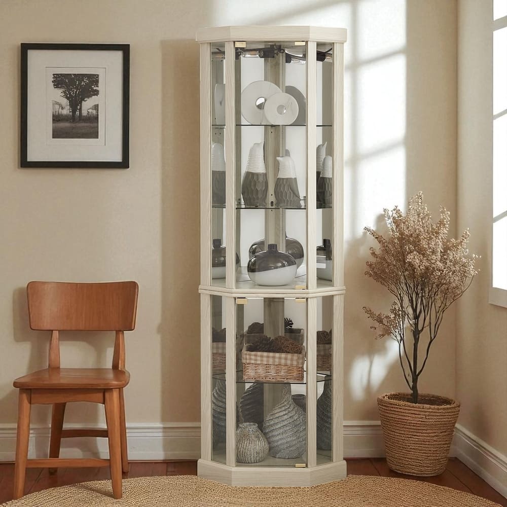 Lighted Corner Curio Cabinet with Glass Doors, Adjustable Shelves & Mirrored Back, Elegant Display Case for Wine