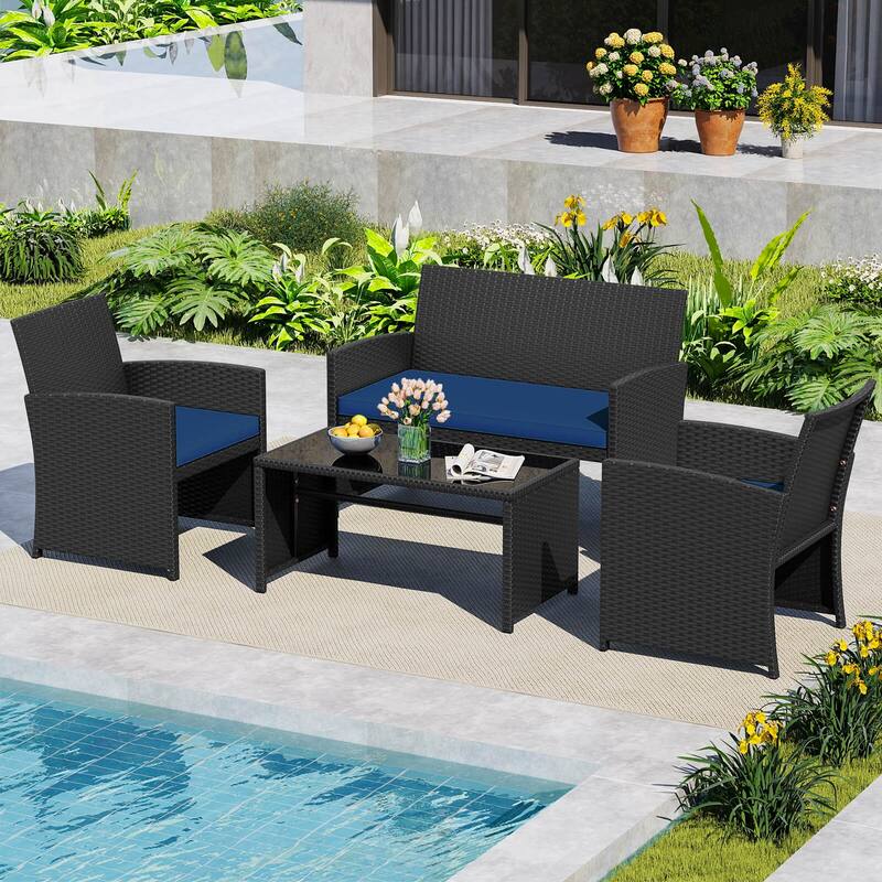 Costway 4 PCS Patio Conversation Set with Seat Cushions & Tempered - See Details - Navy+Black