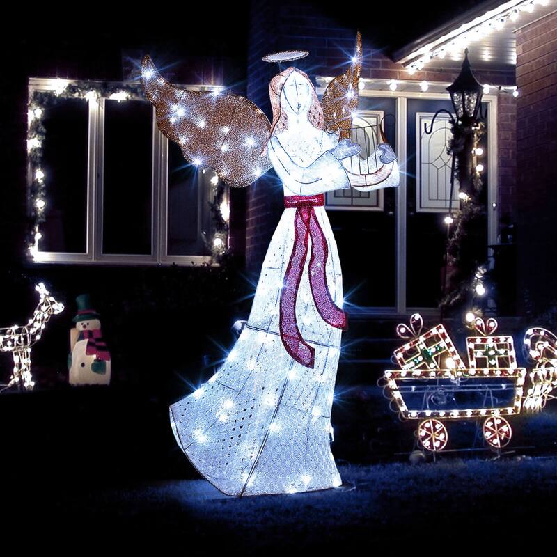 Costway 5 FT Lighted Angel with Harp LED Lights Halo Zip Ties & Ground - See Details