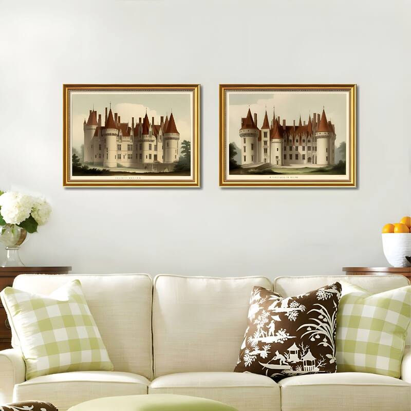 Set of 2 Vintage Castle Framed Wall Art - Replaceable Canvas Prints with Solid Wood Picture Frames, Antique Architecture