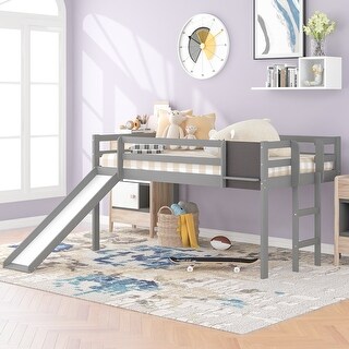 Twin Size Loft Bed Wood Bed with Slide & Ladder & Chalkboard, Gray ...