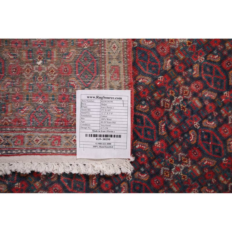 Geometric Bidjar Persian Vintage Runner Rug Hand-Knotted Wool Carpet - 3'6" x 12'2"