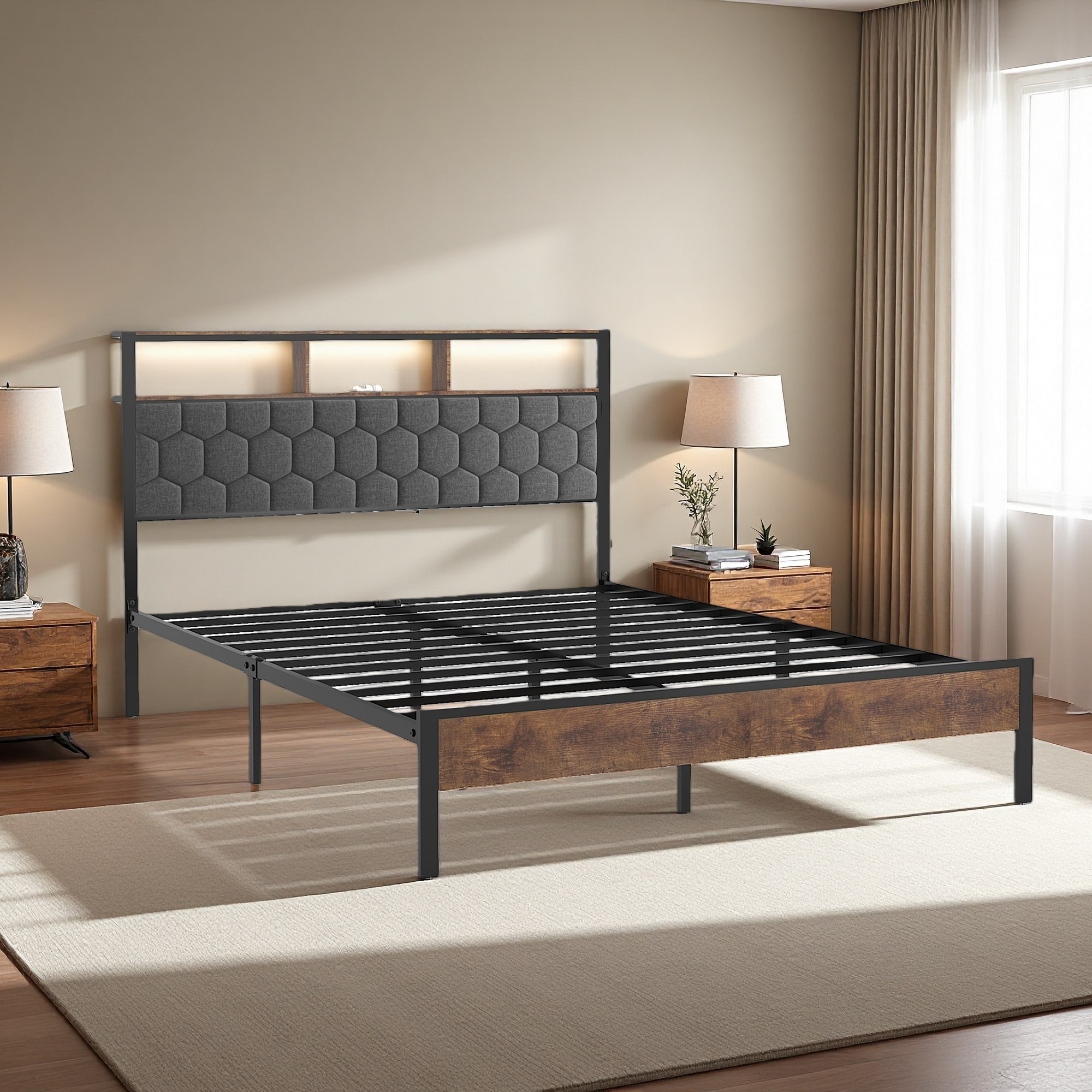 Queen Size Wooden Platform Bed with Upholstered Headboard & Storage