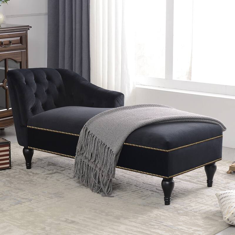 58" Velvet Button Tufted Chaise Lounge Chair with Nailhead Trim and Solid Wood Legs for Living Room - Black