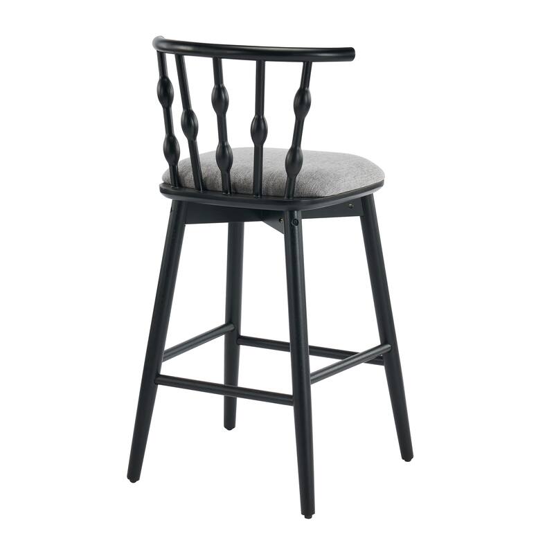 Doria Indoor Wooden Barstool, Black Finish With Grey Upholstery, Set of 2