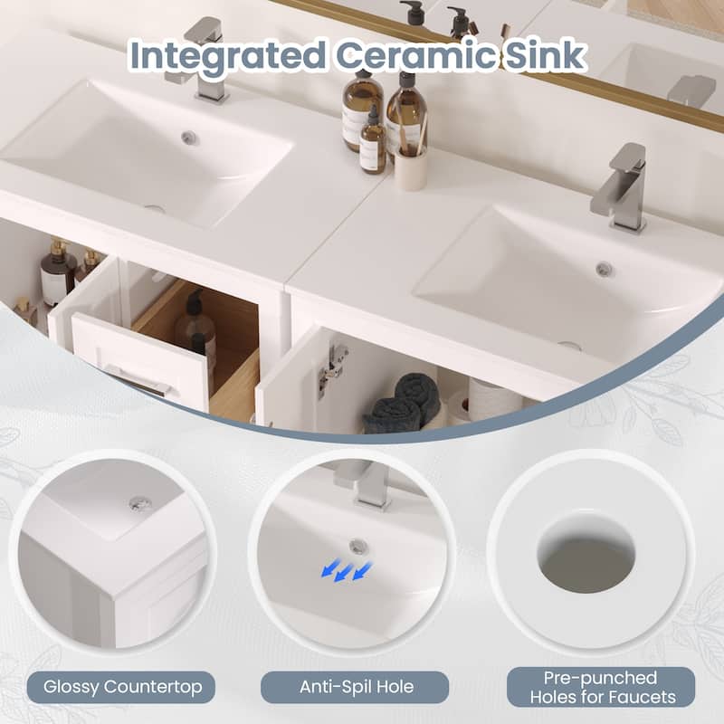 EROMMY All-in-One Bathroom Vanity with Ceramic Sink, Soft-Close Storage Cabinet & Drawer, Glossy Countertop, White