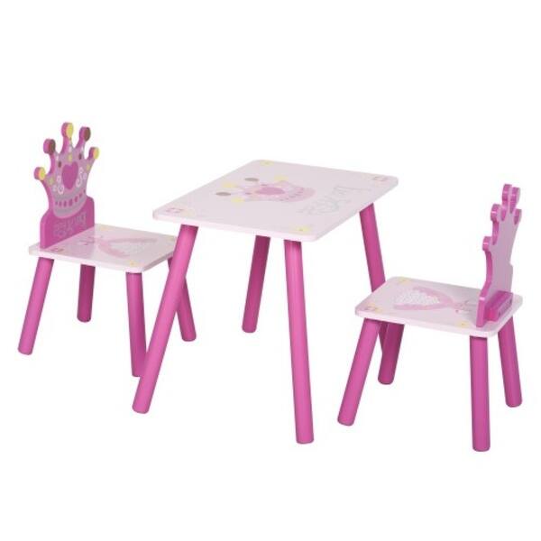 slide 2 of 7, 3-Piece Kids Table and Chair Set with Wooden Construction, Crown Design for Girls, Ages 2-4 Pink